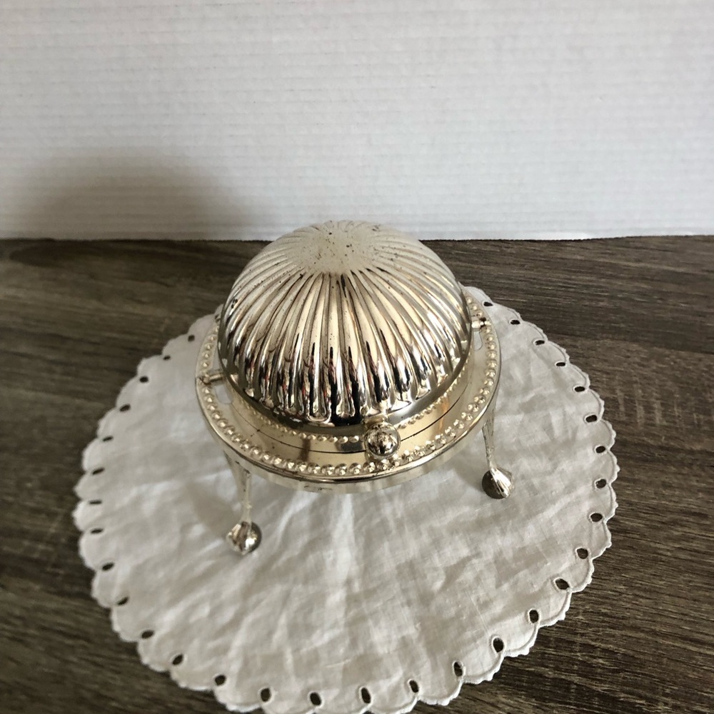 Vtg Silver Tone Roll Top Domed Butter Caviar Dish